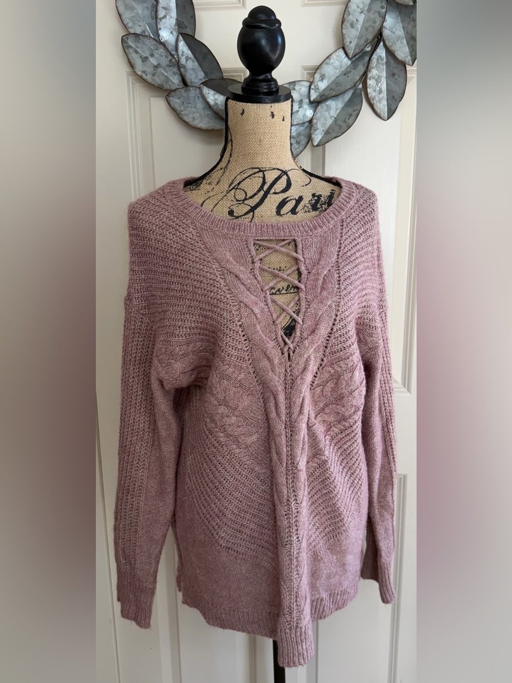 109: Maurices Lace-Up Cable Knit V-Neck Sweater in Dusty Rose - Medium